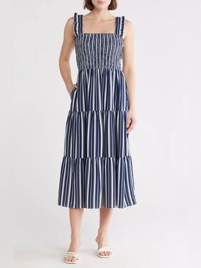 Caslon Navy & White Striped Smocked Tiered Dress